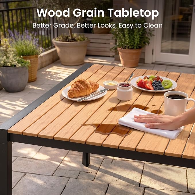 9-Piece Outdoor Dining Set, 56" Square Table and Stackable Arm Chairs | Aluminum Frame Umbrella Hole and All-Weather Wood Grain Patio Furniture for 8 for Garden, Patio, Backyard, Brown