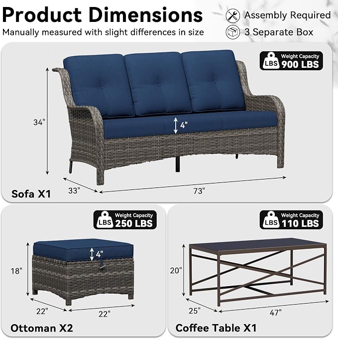 4-Piece Outdoor Couch Set, Includes Wicker Patio Sofa with Thickened Olefin Cushions, High Back and Deep Seating, Hand-Woven PE Rattan and 2 Ottomans, 1 Coffee Table for Porch, Deck