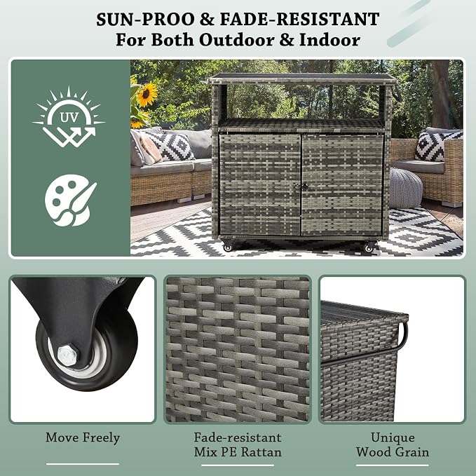 Outdoor Bar Cart, Patio Storage Grill Cart with Handles, Waterproof Liner and 4 Universal Wheels, Fade-resistant PE Rattan Storage Box for Cushions, Gardening Tools, Outdoor Deck Box, Gray
