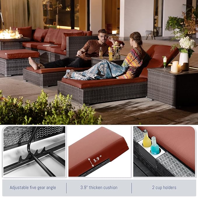 BULEXYARD 11 Piece Large High Back Grey Rattan Patio Furniture Sets with Firepit and Loungers, Comfortable Deep Wide Seat Outdoor Sectional Conversation Couch Sofa Modualr, Gray Wicker and Red Cushion