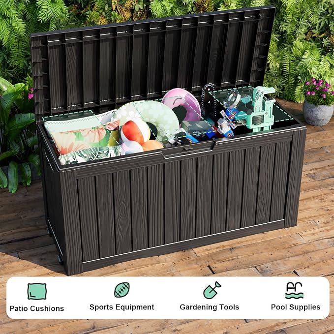 90 Gallon Large Waterproof Outdoor Deck Storage Box, UV Resistant Lockable Bin with Wheels & Built-in Handle, Outdoor Storage Container for Patio Furniture, Patio Cushions, Garden Tools(Black)