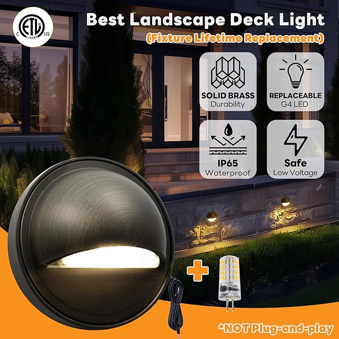Gardenreet Low Voltage Deck Lights - Landscape Solid Brass Step Lights Outdoor, 12V LED Hardwired Waterproof, Round Bronze Lighting for Fence Wall Stair with 3W Daylight White G4 Bulb 8 Pack