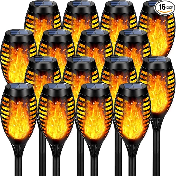 Solar Lights Outdoor, Upgraded 16 Pack Solar Torch Lights Outdoor Flickering Flame for Garden Decor, Waterproof Outdoor Lights Solar Powered, Tiki Torches for Outside Yard Patio Pathway Decor