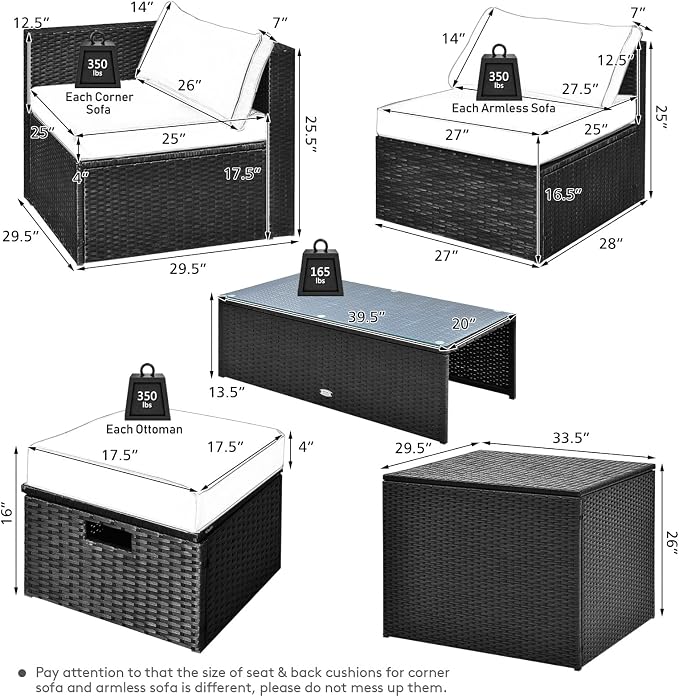 Tangkula 8 Pieces Patio Furniture Set with Waterproof Cover, Patiojoy Space Saving Outdoor PE Rattan Set with Storage Box, Tempered Glass Table, 2 Ottomans, 2 Armless Sofas & Corner Sofas