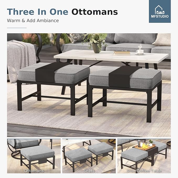 MFSTUDIO 6 Pieces Patio Furniture Sets with 45" Gas Fire Pit Table(Up to 7 Seat), Outdoor Metal Frame Patio Conversation Sofas with 1 x 3-Seat Sofa, 2 Sofa Chairs and 2 Ottoman, Grey Cushion