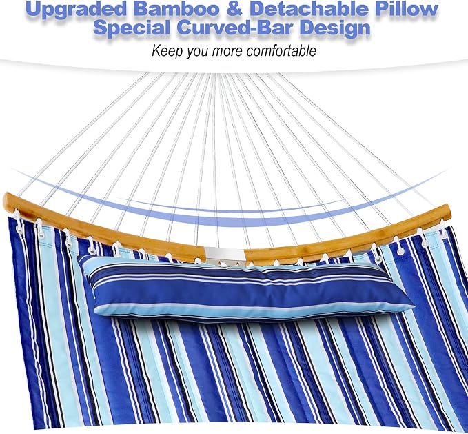 Double Hammock with Bamboo Wood Spreader Bars and Detachable Pillow, 2 Person 11 FT Portable Hammocks Bed Quilted Fabric Hammock for Yard Garden Balcony Indoor Outdoor, 440 Pound Capacity, Blue Stripe