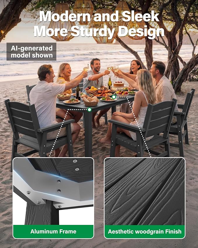 YEFU 7-Piece Patio Dining Sets: All-Weather Outdoor Table and Chairs Outside Furniture with Umbrella Hole & Aluminum Frame - HIPS Modern Patio Dining Set for 6 for Family Gatherings in Deck/Pool Grey