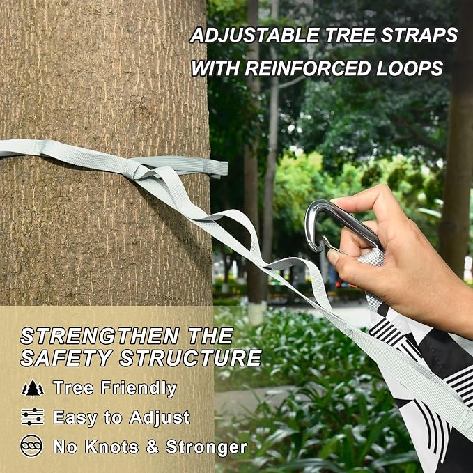 Camping Hammock Outdoor Hammocks for Outside Black White Line Beach Trees Portable Lightweight with Pockets Tree Straps Indoor