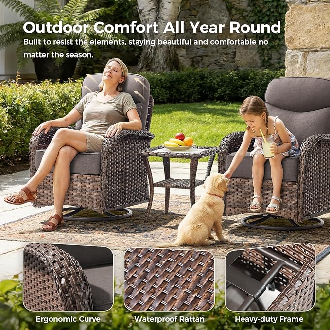 Luxury Patio Furniture Set with 6-inch Thick Cushions, Outdoor Furniture Set with High Back Swivel Chairs, 10 PCS Wicker Outdoor Conversation Set for Porch, Patio, Yard, Deck, Poolside, Brown/Grey