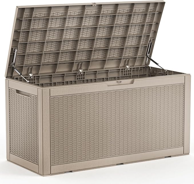 PatioZen 120 Gallon Resin Deck Box, Lockable Patio Outdoor Storage Box for Furniture, Garden Tools and Tools Storage, Waterproof Outside Storage Box (Grey)