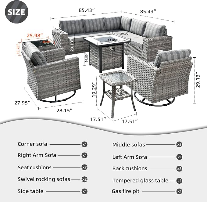 HOOOWOOO 10 Piece Modular Patio Outdoor Sectional Furniture Set with Gas Propane Fire Pit Table,Wicker Conversation Sofa Set with Swivel Chairs,Outside Couch Set(Grey Stripes)