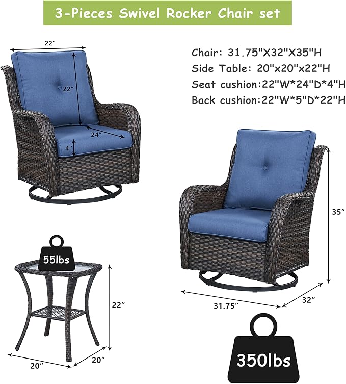 Rilyson Wicker Rocking Chair Swivel Chairs - 3 Piece Rocker Patio Furniture Set Rattan Rocking Bistro Sets with Glass Top Side Table for Outdoor Porch Deck Garden Backyard (Brown/Blue)