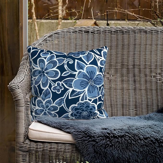 Outdoor Pillows for Patio Furniture 18x18 inch, Square Outdoor Throw Pillows with Inserts, Decorative Toss Pillows for Garden Couch Home Sofa Office Chair, Pack of 2,Flower Navy