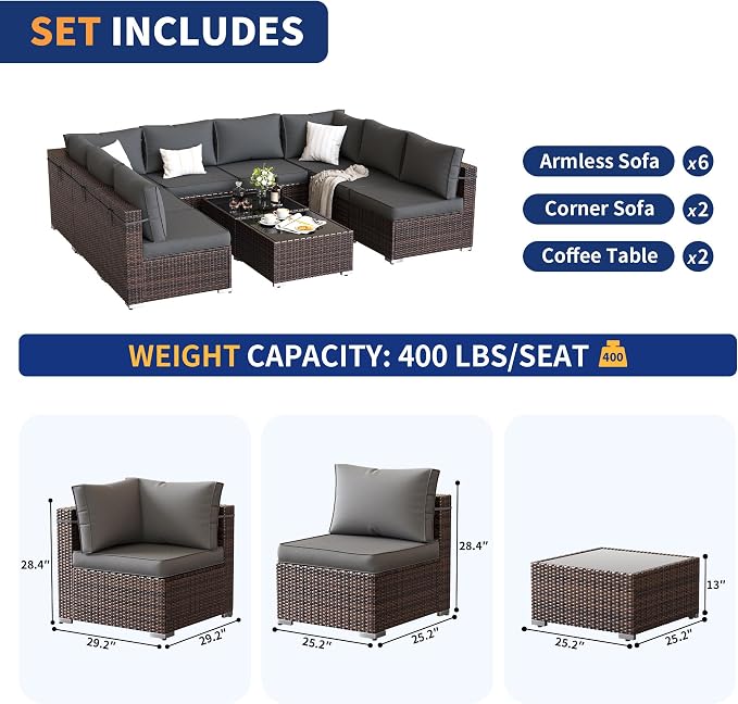 Patio Furniture Set, Modular 10-Piece Patio Conversation Sets with Coffee Table, All-Weather Wicker Outdoor Sectional for Backyard and Balcony, Grey (Waterproof Covers Included)