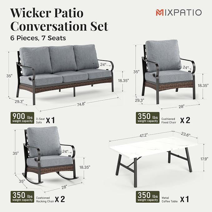 MIXPATIO Patio Furniture Set with Coffee Table, Outdoor Conversation Set with 2 x Fixed Chairs, 2 x Rocking Chairs, 1 x 3-Seat Sofa for Lawn Garden Backyard, Grey