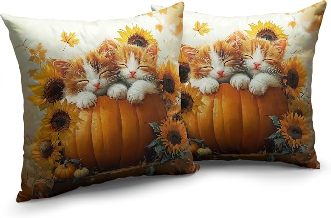 Fall Pillow Covers 16x16 Set of 2 Lovely Cat Pumpkin Sunflower Throw Pillow Covers Autumn Harvest Farmhouse Pillowcase Double Sided Printing Cushion Case for Patio Outdoor Sofa
