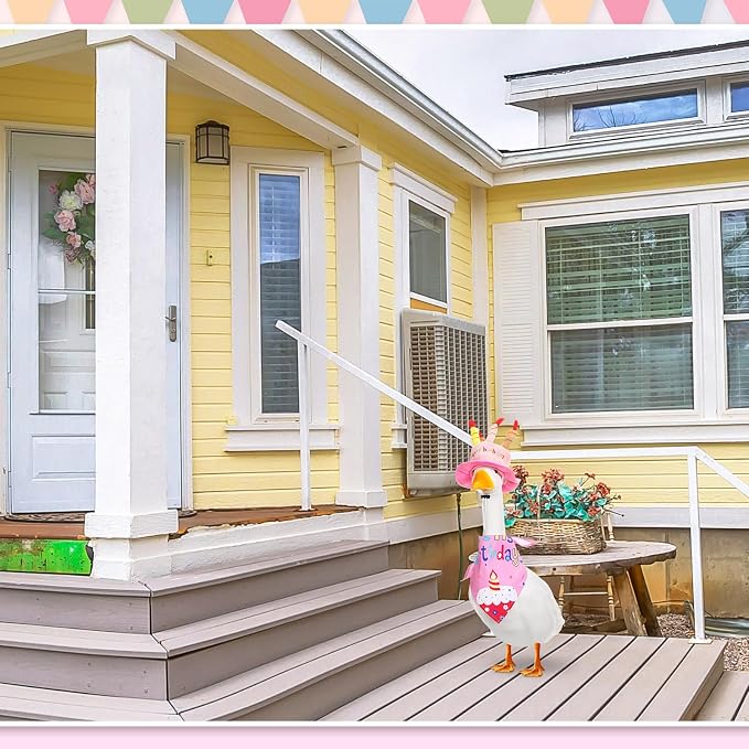 Dansydaisy Happy Birthday Goose Outfit Porch Goose Outfits with Happy Birthday Cake Hat and Bandana Yard Geese Outfits for 23" 17" Cement Plastic Geese Duck Decorations(Style 1,Pink)