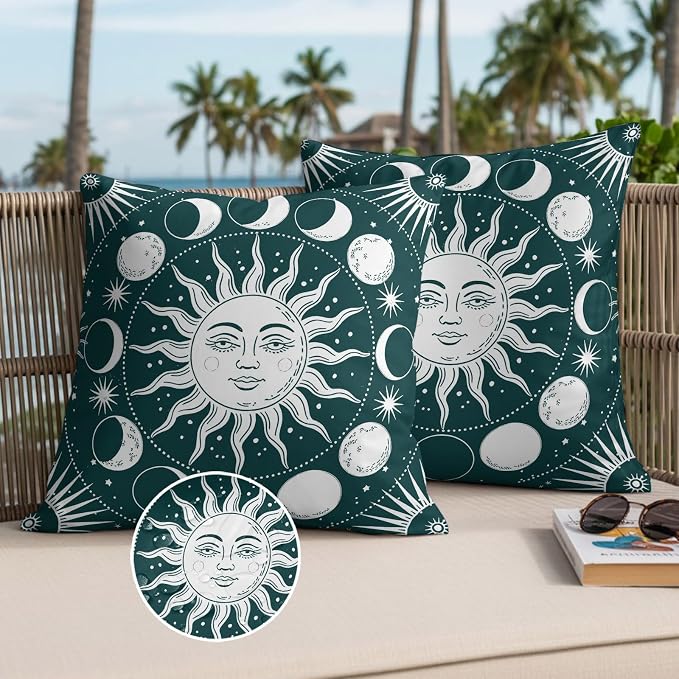 Celestial Sun and Moon Waterproof Outdoor Pillow Covers Set of 2 Home Decor, Green Starry Galaxy Boho Pillowcase Patio Pillow Covers for Couch Bench Patio Furniture Garden 24x24in
