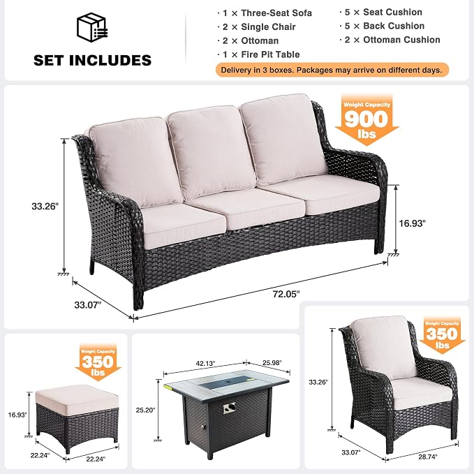 ovios 6-Pieces Patio Furniture Set with 42" Fire Pit Table, Outdoor Wicker Sofa Couch Ottomans Comfy Cushions, High Back Modern Conversation Set, Brown Rattan, Beige