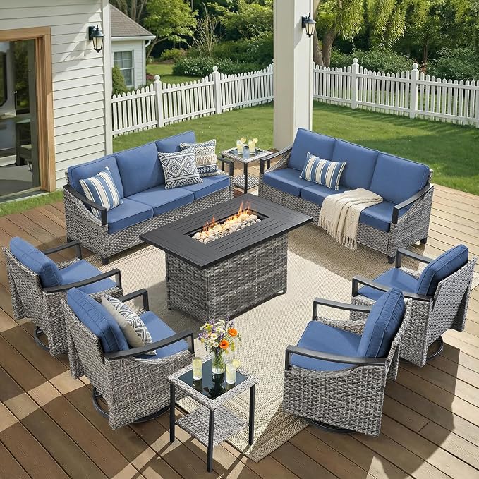 Patio Furniture Set with 42.5" Fire Pit Table-9 Pieces All Weather Wicker Outdoor Furniture with High Back Swivel Patio Chairs Set of 4 Outdoor Patio Conversation for Deck Garden Blue/Gray