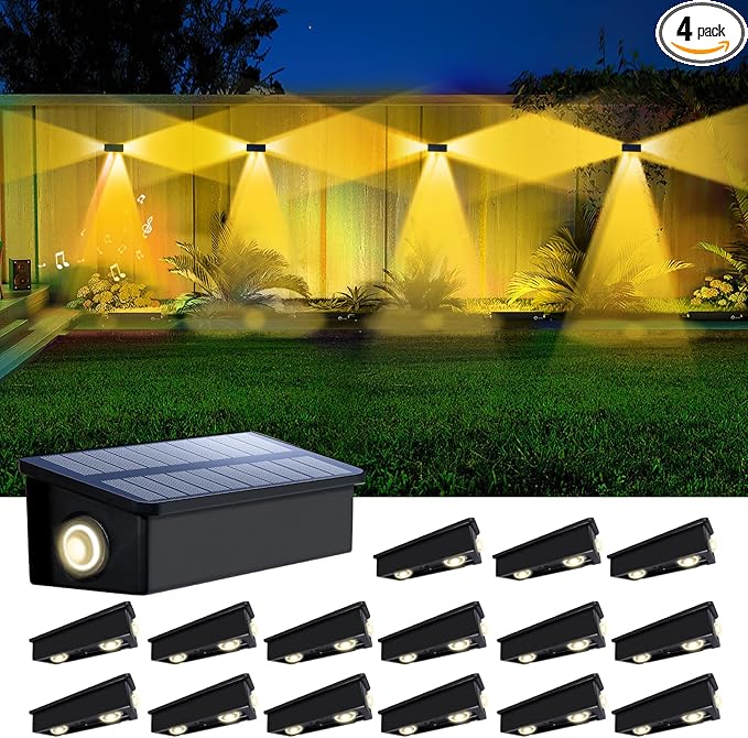 16 Pack 3-Side Solar Fence Lights Outdoor Waterproof with Warm White LED Spot Lens, for Wall, Deck, Patio, Yard, Rail, Garage, Pool, Designed for Enhanced Security, Easy Install