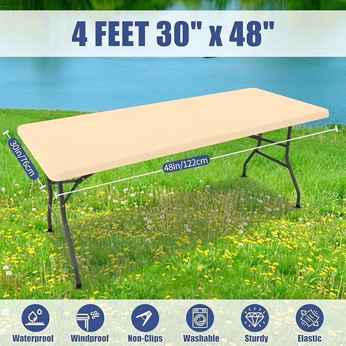Moosfor Spandex 4 Foot Rectangle Table Cloth 2 Pack, Elastic Fitted Tablecloths for Picnic, Stretch Washable Patio Table Cover for Outdoor, Camping, Banquet and Parties (Ivory, 30"x48")