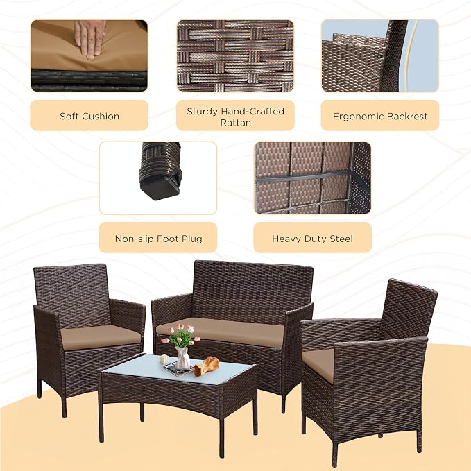PROHIKER 4 Piece Outdoor Wicker Patio Conversation Furniture Set, Rattan Chair Wicker Sofa Garden Conversation Sets with Cushion and Glass Table for Yard Pool or Backyard, Brown/Khaki