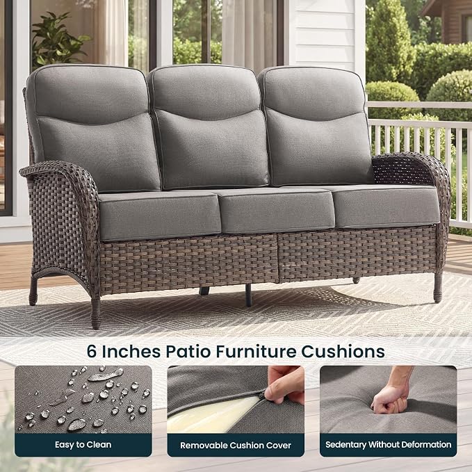 Luxury 6-Inch Cushion Outdoor Patio Furniture Set with Ottoman, Outdoor Swivel Rocker Patio Chairs with Side Table, Wicker Conversation Set for Deck Porch Garden Balcony and Poolside Gray