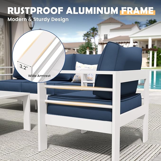Amopatio Aluminum Patio Furniture Set, 6 Pieces Metal Outdoor Patio Furniture Sets, Outdoor Sectional Modern Sofa Couch with Coffee Table for Pool, Garden, White&Blue (Included Waterproof Covers)