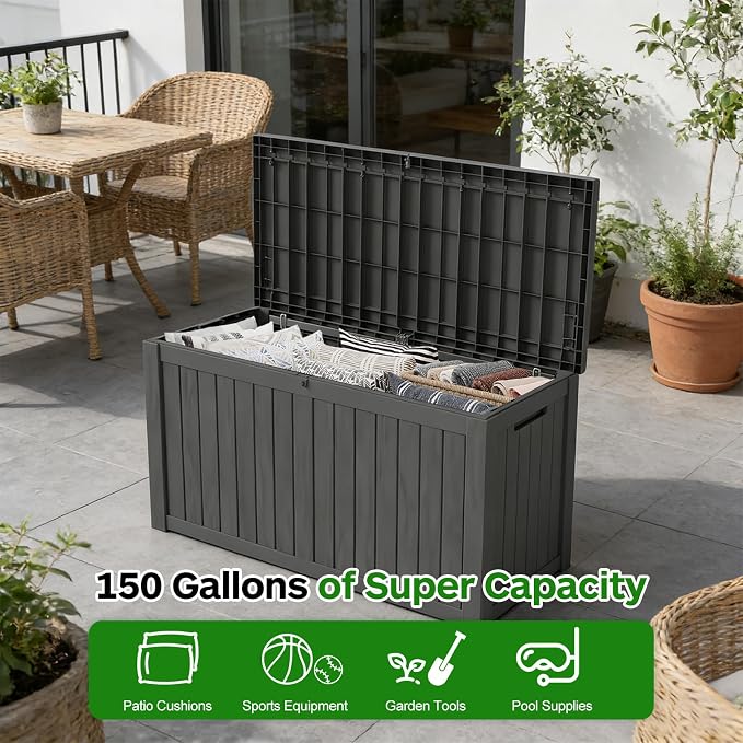 150 Gallon Outdoor Deck Boxes, IP68 Waterproof Outdoor Storage Box with Hydraulic Lid Support, Outside Resin Container for Furniture, Toy, Shoe, Garden & Patio Tools Storage -Black