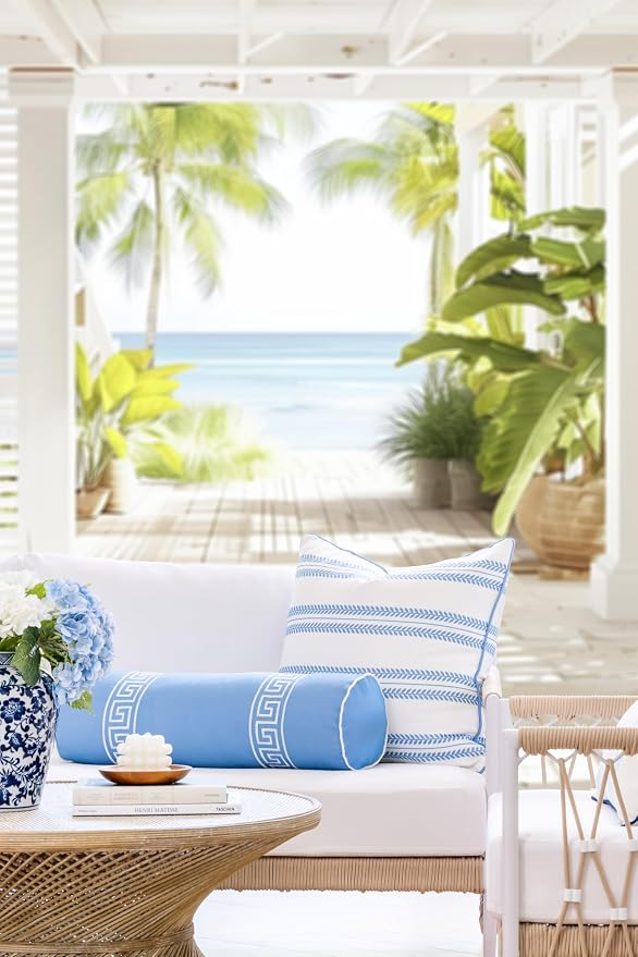 Hofdeco Premium Coastal Hampton Patio Indoor Outdoor Bolster Pillow Cover Only, 8"x24" Water Repellent for Backyard, Couch, Poolside, Azure Blue Embroidered Greek Key