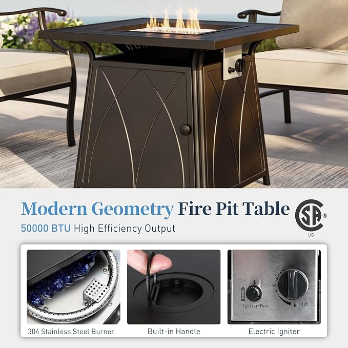 SUNSHINE VALLEY Patio Furniture Set with Firepit Table, 5 Piece Metal Outdoor Patio Furniture set for 4, 4 Swivel Chairs with 5.75" Extra Thick Cushion and Gas Firepit Table for Backyard Poolside Deck