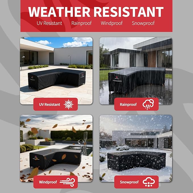 Rosefray 600D Outdoor L-Shaped Sectional Cover,Heavy Duty Anti UV Patio Sectional Sofa Cover with Air Vent, Waterproof Furniture Covers for Deck, Lawn,Backyard Right Facing 105''x85'' Black