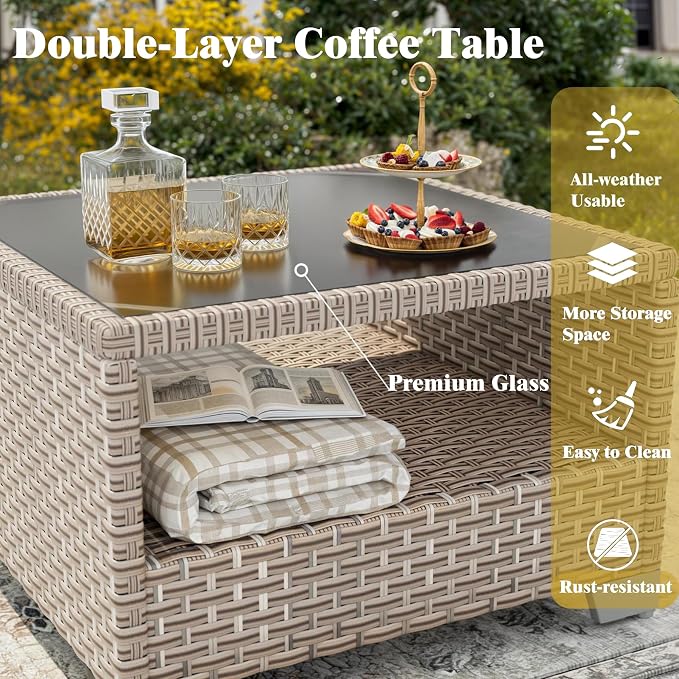 10 Pieces Patio Furniture Set, Outdoor Sectional Wicker Sofa with Thick Cushions and Storage Coffee Table, Rattan Patio Conversation Sets for Deck Yard Poolside, Navy