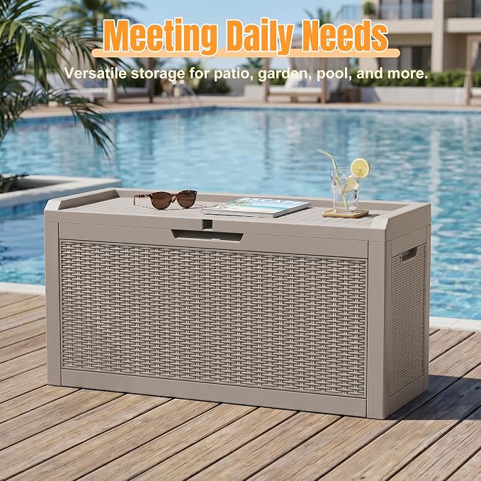 Outdoor Storage Box,95 Gallon Resin Deck Box,Waterproof & UV Resistant Lockable Package Delivery Bin,Toy Cabinet for Indoor & Outdoor