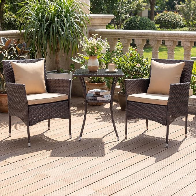 DORTALA Wicker Patio Furniture Set 3 Piece, Small Outdoor Table & Chairs with Tempered Glass Tabletop, Cushions, Rattan Conversation Bistro Set for Balcony, Porch, Backyard, Deck, Mix Brown+Beige