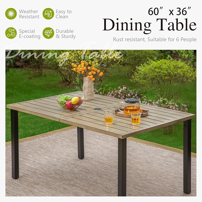 Sophia & William Patio Table and Chairs Set, Outdoor Dining Set for 6, 7 Piece Metal Patio Furniture, 60" Rectangular Table with Wood-Like Tabletop(Stripe)