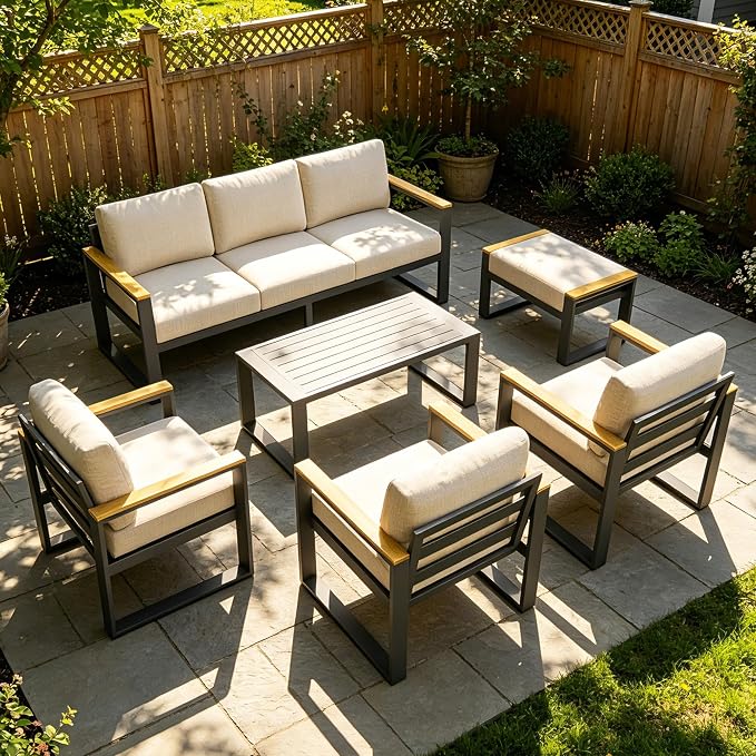 Aluminum Outdoor Patio Furniture - 1 Pcs 3-Seat Sofa and Coffee Table, All-Weather Metal Modern Outside Furniture with Washable Thick Cushion for Balcony, Garden, Deck, Backyard,Beige