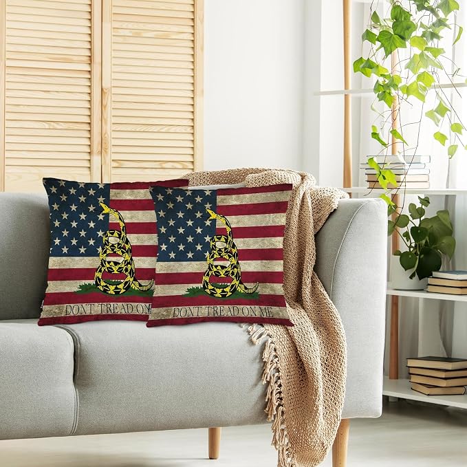 Swono Couch Pillow Cover Set of 2 Don't Tread On Me, Vintage American Flag Snake Decorative Throw Pillowcase Cushion Cover 18 X 18 Inch Throw Pillows Covers for Sofa Bedroom Car Living Room