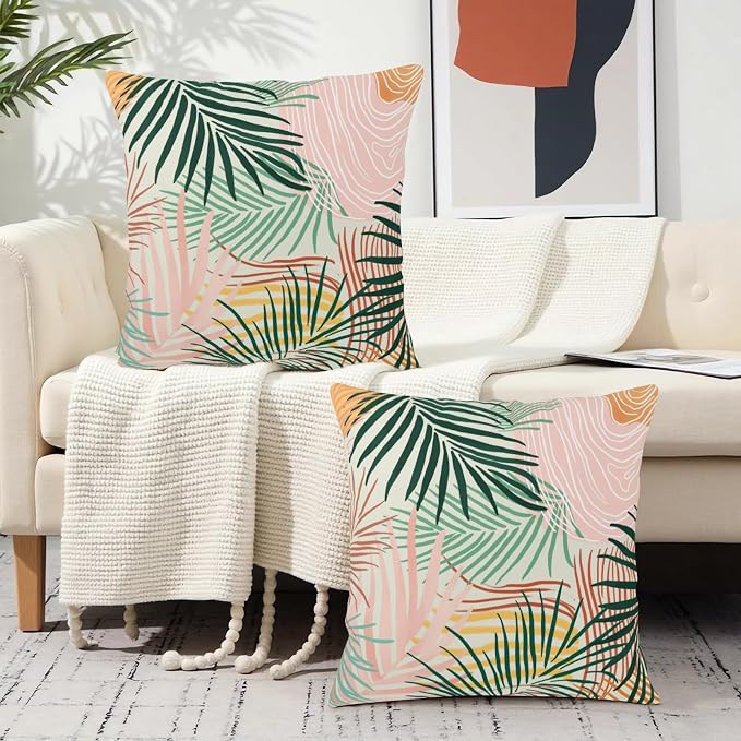 Colorful Abstract Pillow Covers Pink Green Tropical Palm Tree Leaves Throw Pillow Covers Modern Art Pillowcase 20x20 Set of 2 Neutral Cushion Case for Indoor Outdoor Couch Sofa