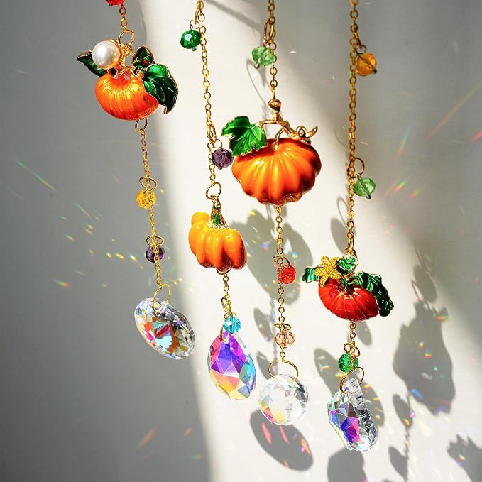 4pcs Fall Pumpkin Suncatchers Crystals Sun Catchers Indoor Window Hanging | Thanksgiving Christmas Tree Decoration for Farmhouse Harvest Autumn Home Party Decor,halloween decorations,gift for women mom