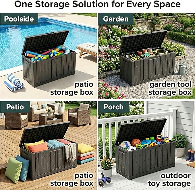 100 Gallon Large Deck Box, Premium Wicker Style Imitation Rattan Waterproof Outdoor Storage for Patio Furniture Cushions, Garden Tools & Pool Accessories, Lockable UV Resistant,100 gal / 380L