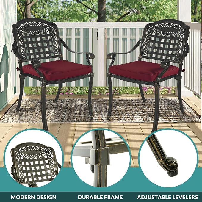 MEETWARM 9-Piece Outdoor Patio Dining Set for 8, All Weather Cast Aluminum Patio Funiture Table and Chairs Set- 94.5” Rectangular Table and 8 Cushioned Chairs for Garden, 2" Umbrella Hole, Chili Red