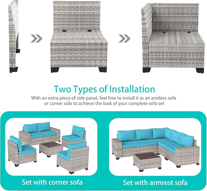 15-Piece Outdoor Patio Furniture Set with Rocking Swivel Chair Wicker Sectional Sofa Set, Patio Conversation Set with Thickened Cushions & Coffee Table for Garden, Backyard, Turquoise