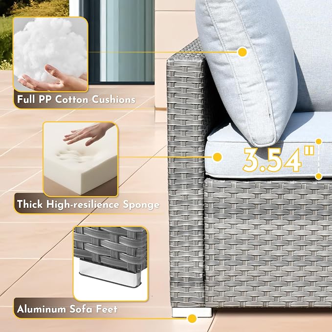 Weaxty 5 Pieces Patio Furniture Sets,Wicker Outdoor Sectional Sofa with Thicken Cushion and Rattan Coffee Table,Patio Conversation Couch Set for Porch, Balcony,Yard, Poolside,Light Gray