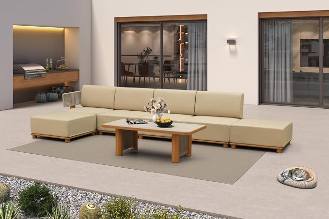 PURPLE LEAF Patio Furniture Set Modular L-Shaped Outdoor Sectional Sofa with 11" Thick Olefin Cushion 7-Piece Outdoor Conversation Set with Ottomans & Table for Backyard Garden Poolside, Beige