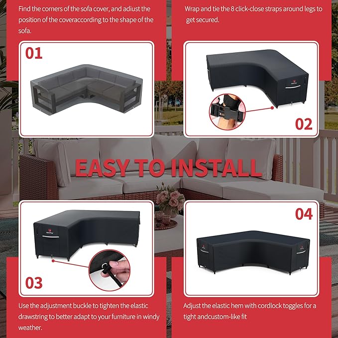 Rosefray 600D Outdoor V-Shaped Sectional Cover,Heavy Duty Anti UV Patio Sectional Sofa Cover with Air Vent, Waterproof Furniture Covers for Deck, Lawn,Backyard 100"x100" Black