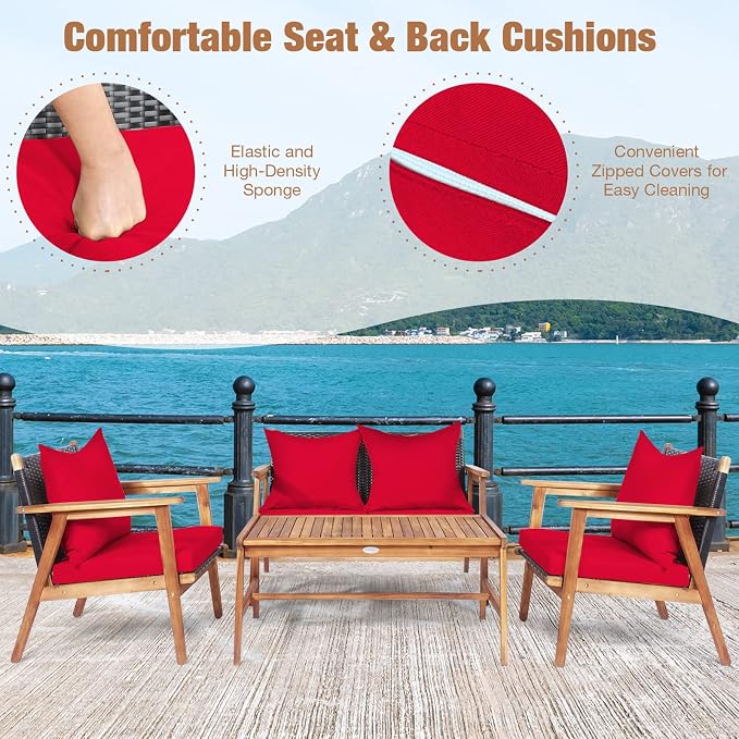 HAPPYGRILL 4PCS Outdoor Rattan Sofa Set Acacia Wood Frame Conversation Set with Coffee Table, Sectional Furniture Set with Cushions for Backyard Porch Garden Poolside Balcony