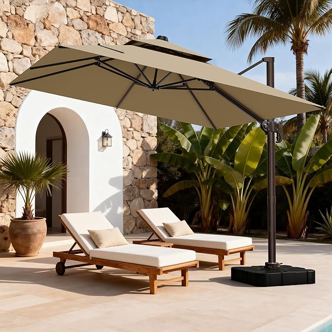 10x10Ft Patio Umbrella Outdoor Cantilever Rectangle Umbrella with Base Included, 6-Level Tilt & 360° Rotation Offset Umbrella for Garden, Deck, Pool(Beige)