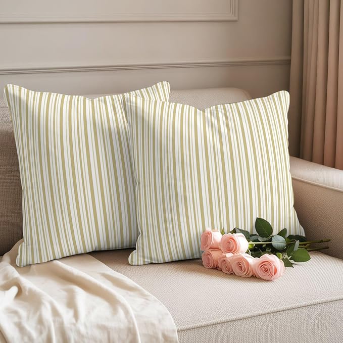 Yellow Vertical Stripes Waterproof Outdoor Pillow Covers Set of 2 Home Decor, Boho Pinstripes Apricot Lines Pillowcase Patio Pillow Covers for Couch Bench Patio Furniture Garden 16x16in